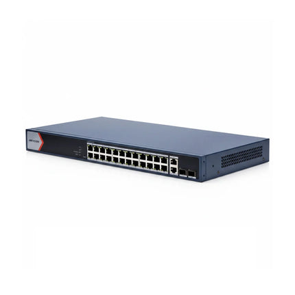 HIKVISION DS-3E1528P-EI 24-Port Gigabit Smart Managed PoE Switch 1U rackmount chassis with mounting brackets attached.