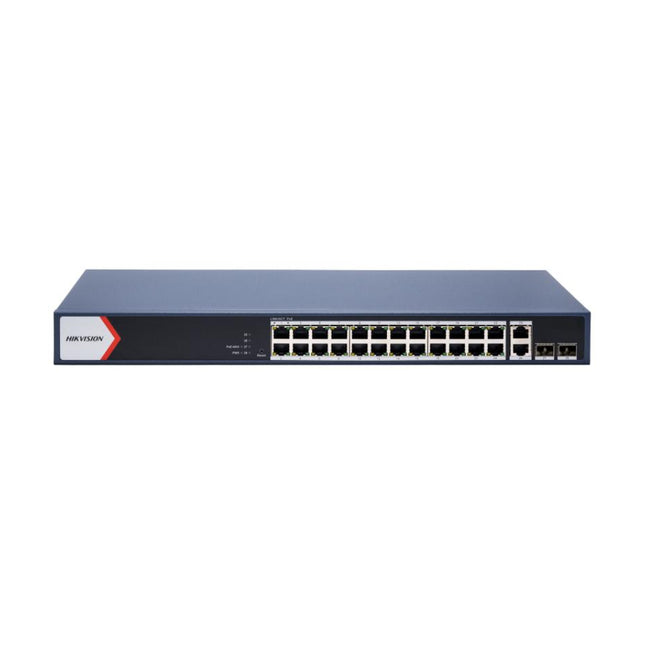 HIKVISION DS-3E1528P-EI 24-Port Gigabit Smart Managed PoE Switch front panel displaying 24 PoE ports and 4 Gigabit SFP optical uplink slots.