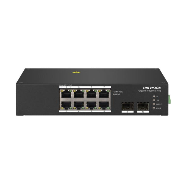 Hikvision DS-3T0510HP 8-Port Gigabit Unmanaged Hi-PoE Switch front view with RJ45 and SFP ports