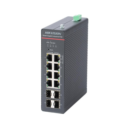 HIKVISION DS-3T1512HP-SI/8P4F 8-Port Gigabit Industrial Smart Managed Hi-PoE Switch front view showcasing 8 PoE RJ45 ports and 4 SFP optical slots.