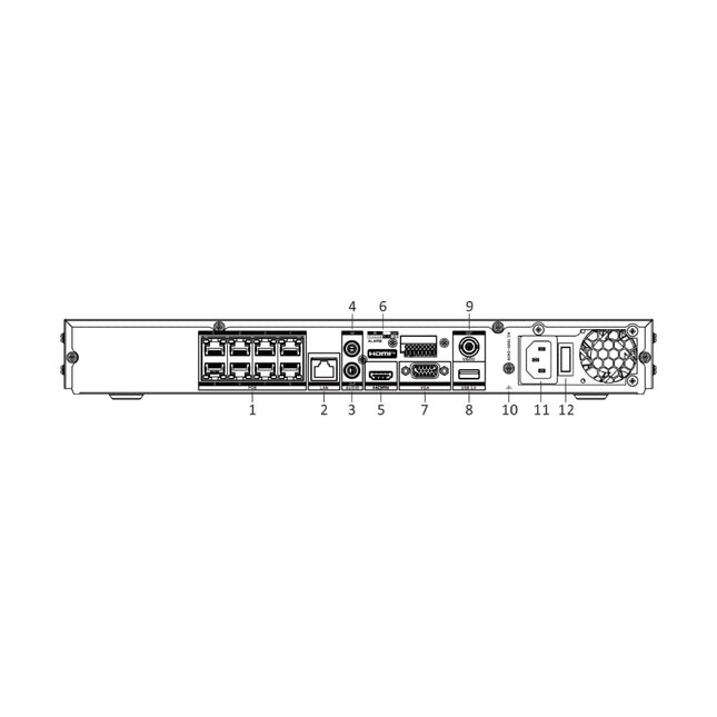 Hikvision DS-7608NI-M2/8P rear panel showing 8 PoE ports, 8K HDMI and VGA outputs