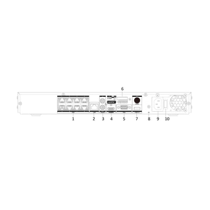Hikvision DS-7608NXI-I2/8P/VPro rear panel showing 8 PoE ports, dual SATA bays and 4K HDMI output
