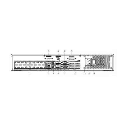 Hikvision DS-7732NI-M4/16P rear panel showing 16 PoE ports, quad SATA bays and 8K HDMI output