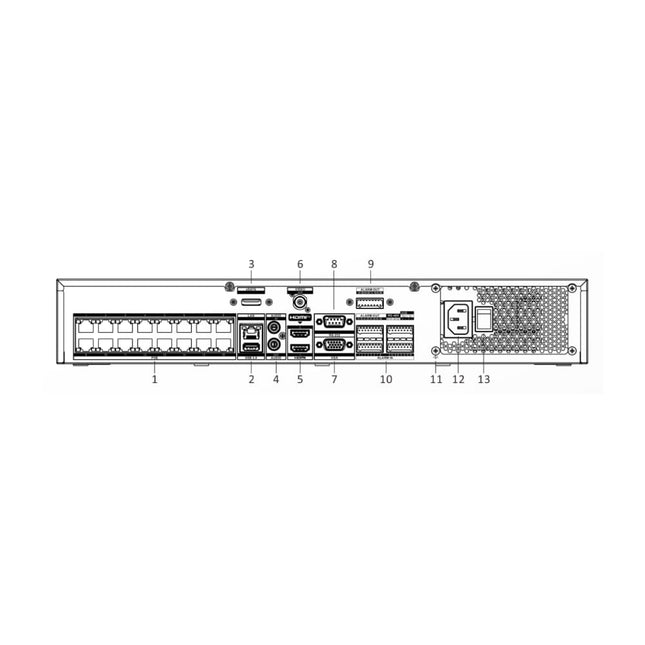 Hikvision DS-7732NI-M4/16P rear panel showing 16 PoE ports, quad SATA bays and 8K HDMI output