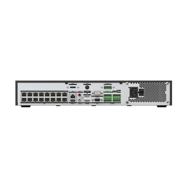 Hikvision DS-7732NXI-I4/16P/VPro rear panel showing 16 PoE ports, 4 SATA bays and 4K HDMI output