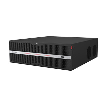 HIKVISION DS-96128NXI-S16R 128-Channel 8K Ultra Series NVR front panel with status LEDs and rack-mount ears.