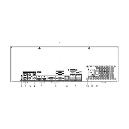 Hikvision DS-9632NI-M16 rear panel showing dual HDMI 8K + 4K outputs, dual VGA, 16 SATA bays and dual Gigabit Ethern