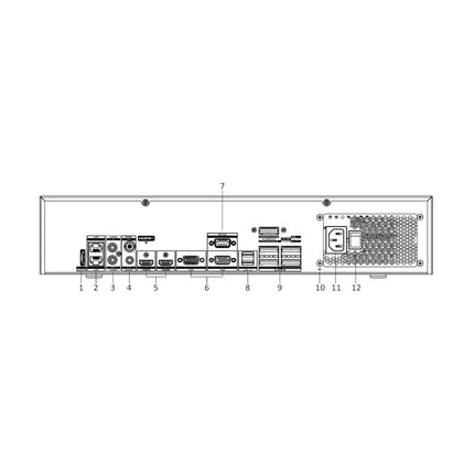 Hikvision DS-9632NI-M8 rear panel showing dual HDMI 8K + 4K outputs, dual VGA, 8 SATA bays and dual Gigabit Ethernet
