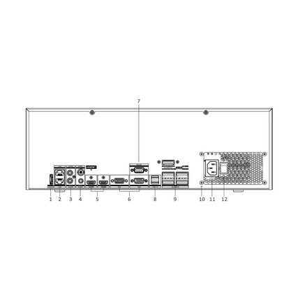 Hikvision DS-9664NI-M16 rear panel showing dual HDMI 8K + 4K outputs, dual VGA, 16 SATA bays and dual Gigabit Ethernet