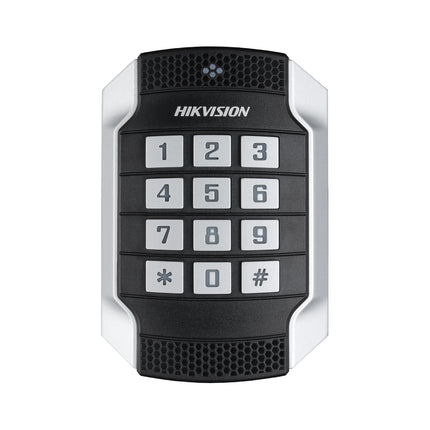 Front view of the Hikvision DS-K1104MK access control reader showcasing its robust metal housing, integrated mechanical numeric PIN keypad, and contactless Mifare card scanning surface.