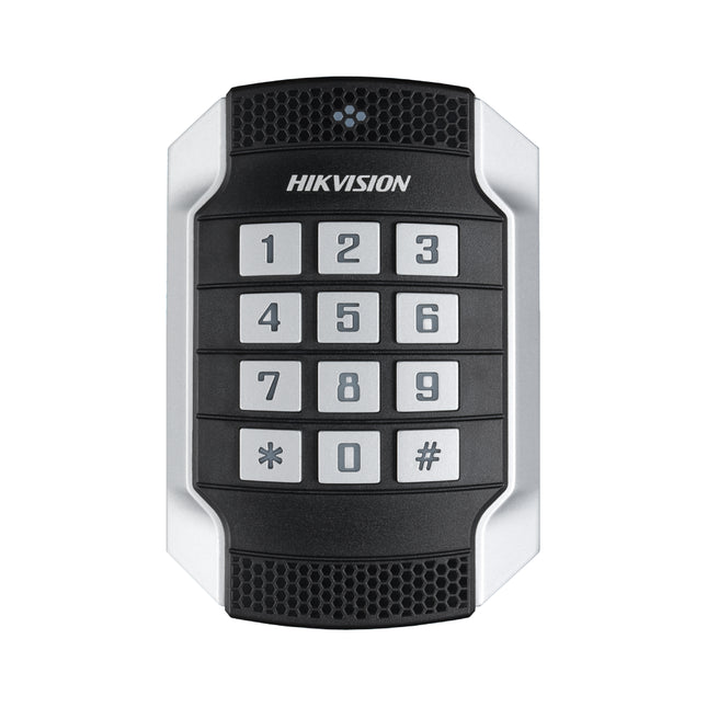 Front view of the Hikvision DS-K1104MK access control reader showcasing its robust metal housing, integrated mechanical numeric PIN keypad, and contactless Mifare card scanning surface.