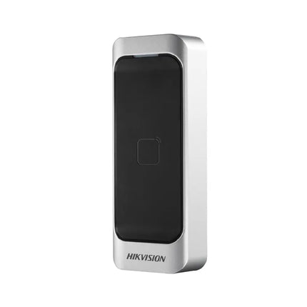 Hikvision DS-K1107AM slimline Mifare card reader front view mounted on commercial door frame