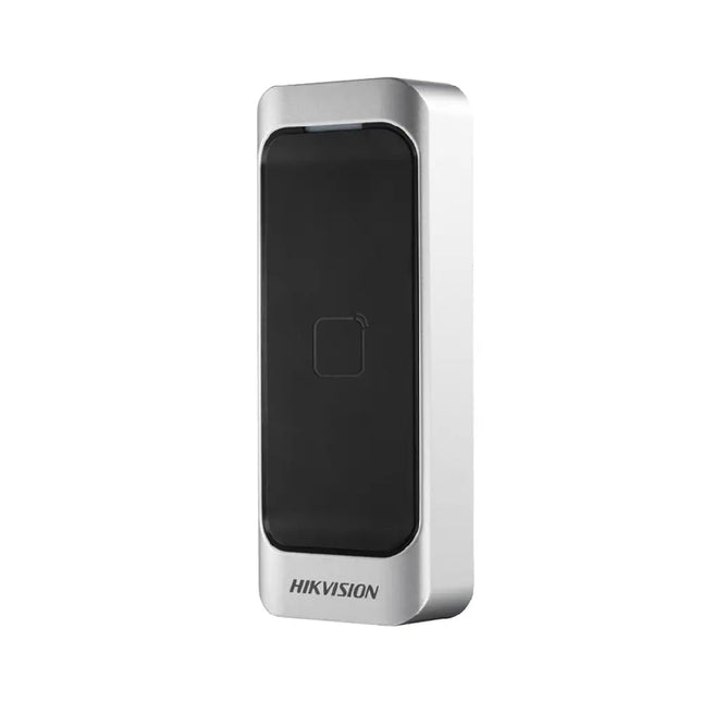 Hikvision DS-K1107AM slimline Mifare card reader front view mounted on commercial door frame