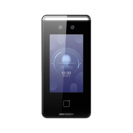 Front view of the Hikvision DS-K1T341CMW face recognition access control terminal showcasing its 4.3-inch capacitive touchscreen, dual 2MP wide-angle cameras, and built-in Mifare card reading area.