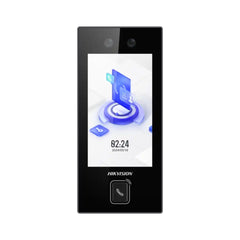 Front view of the Hikvision DS-K1T344MBWX-E1 face recognition access control terminal showcasing its 4.5-inch LCD touchscreen display, dual 2MP wide-angle cameras, and built-in M1 smart card reader area.  