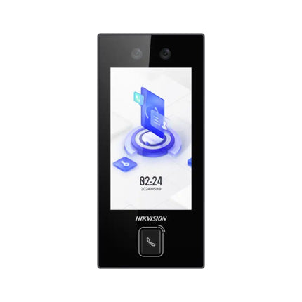 Front view of the Hikvision DS-K1T344MBWX-E1 face recognition access control terminal showcasing its 4.5-inch LCD touchscreen display, dual 2MP wide-angle cameras, and built-in M1 smart card reader area.  