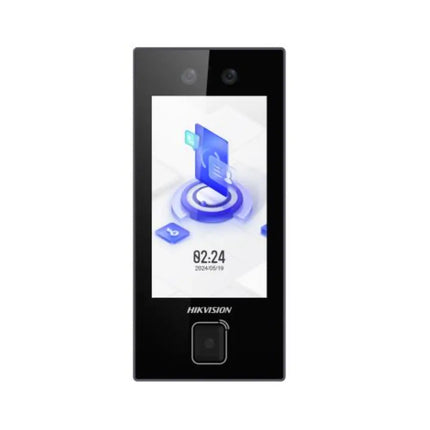 Hikvision DS-K1T344MBWX-QRE1 4.5-inch LCD touchscreen face recognition terminal with dual-lens 2MP camera.