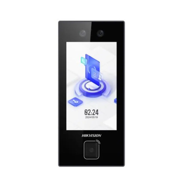 Hikvision DS-K1T344MBWX-QRE1 4.5-inch LCD touchscreen face recognition terminal with dual-lens 2MP camera.