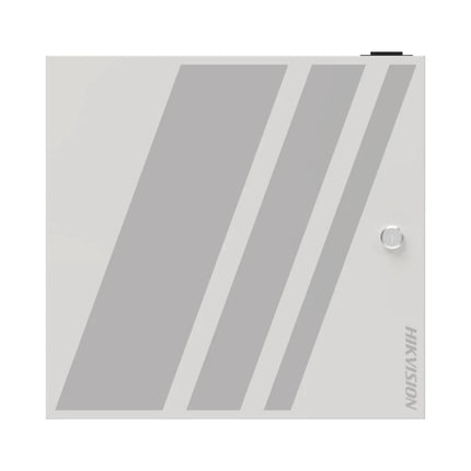 Isometric front view of the Hikvision DS-K2704X enterprise access controller, showcasing its compact housing designed for guide rail mounting in commercial security racks.