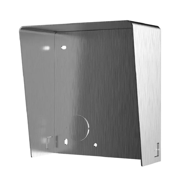 Front perspective view of the premium Hikvision DS-KABD8003-RS1/S brushed stainless steel 1-module protective rain shield for outdoor surface-mount modular door stations.
