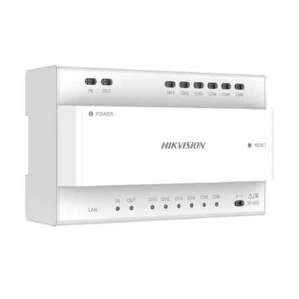 Front profile layout of the Hikvision DS-KAD706Y-SP Y-Series 2-wire IP video intercom distributor, highlighting its compact DIN rail enclosure and front status indicator lights.