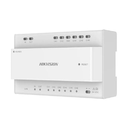 Top down perspective of the Hikvision DS-KAD706Y-SP module showcasing the 6-port 2-wire cascade connection terminals built for unpowered distributor networking.