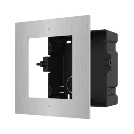 Exploded component view of the Hikvision DS-KD-ACF1/S single-module kit, including the stainless steel fascia shield, metal mounting sub-frame, grounding wires, and hex fixing screws.