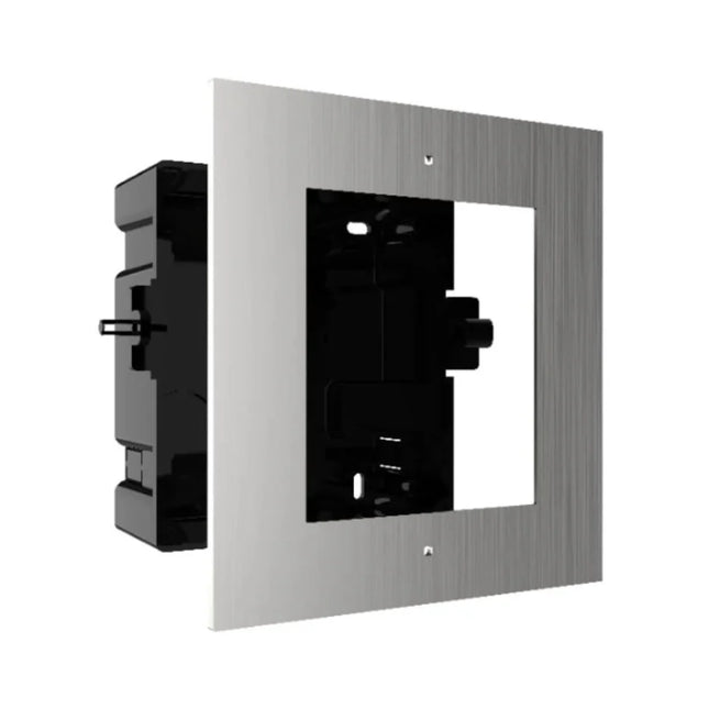 The durable plastic structural wall-recess gang box component of the Hikvision DS-KD-ACF1/S kit, showcasing pre-molded cable entry knockout pathways.