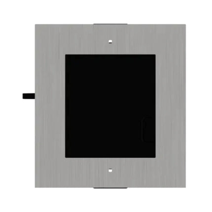 Front profile view of the premium Hikvision DS-KD-ACF1/S brushed stainless steel 1-module flush mount faceplate for a sleek, low-profile video intercom entry point.