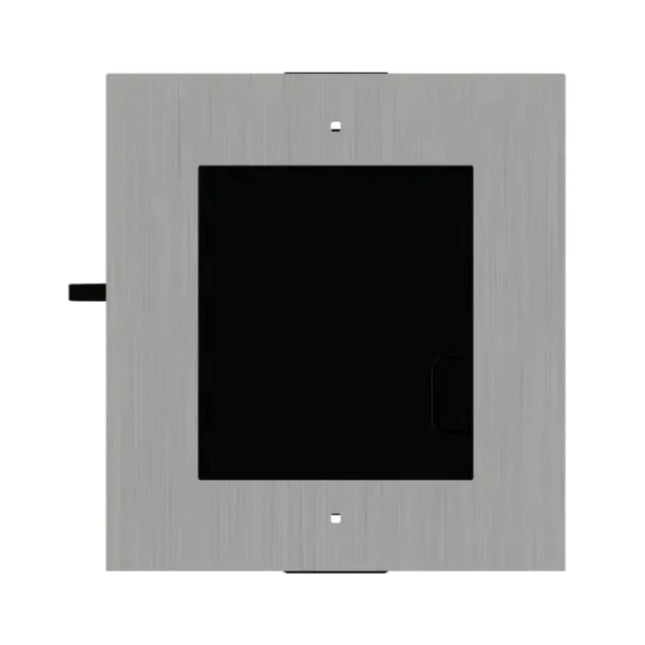 Front profile view of the premium Hikvision DS-KD-ACF1/S brushed stainless steel 1-module flush mount faceplate for a sleek, low-profile video intercom entry point.