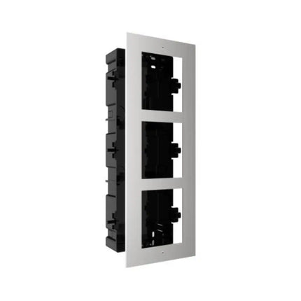 Side-by-side layout of the Hikvision DS-KD-ACF3/S components, illustrating the stainless steel fascia shield, dual metal structural framing plates, and fixing screws.
