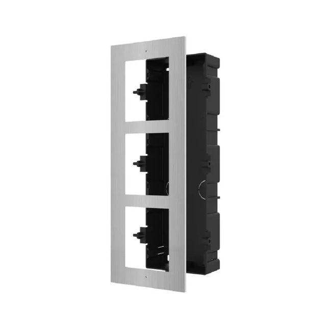 The rugged plastic structural wall-recess back-box component of the Hikvision DS-KD-ACF3/S kit, highlighting cable entry conduits and brickwork anchoring lines.