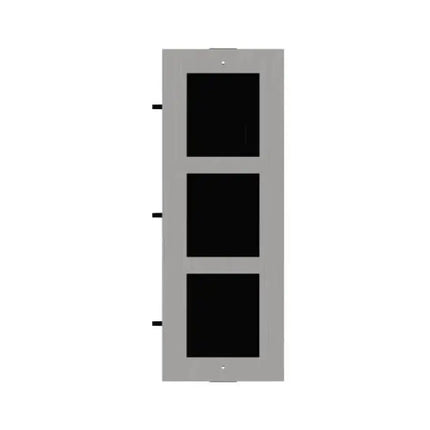 Front profile view of the premium aviation-grade Hikvision DS-KD-ACF3/S stainless steel 3-module flush mount cover plate for modular video intercom setups.