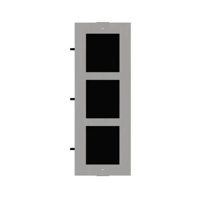 Front profile view of the premium aviation-grade Hikvision DS-KD-ACF3/S stainless steel 3-module flush mount cover plate for modular video intercom setups.