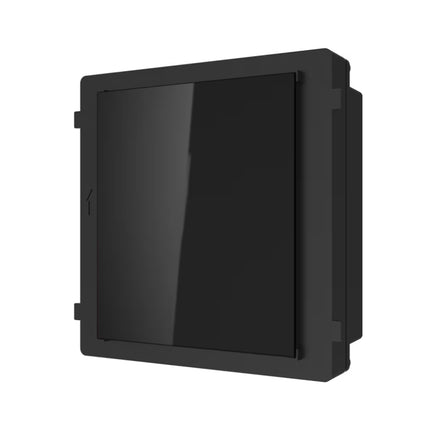 Front view of the black Hikvision DS-KD-BK KD8 Series Pro modular door station blank module, featuring a clean, unadorned surface designed to fill unused mounting slots.