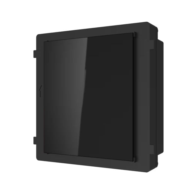 Front view of the black Hikvision DS-KD-BK KD8 Series Pro modular door station blank module, featuring a clean, unadorned surface designed to fill unused mounting slots.