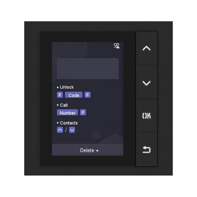 Front view of the Hikvision DS-KD-DIS KD8 Series Pro modular door station display module, showing its central 3.5-inch TFT LCD screen and 4 backlit physical navigation buttons.