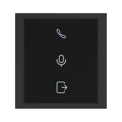 Front view of the black Hikvision DS-KD-IN KD8 Series Pro modular door station status indicator module, showcasing its three clear LED icon zones for calling, talking, and door opening states.