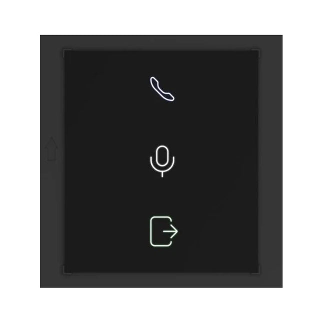 Front view of the black Hikvision DS-KD-IN KD8 Series Pro modular door station status indicator module, showcasing its three clear LED icon zones for calling, talking, and door opening states.