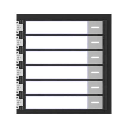 Front view of the black Hikvision DS-KD-KK KD8 Series Pro modular door station nametag module, showcasing its 6 physical call buttons and clear customizable room-number slide inserts.