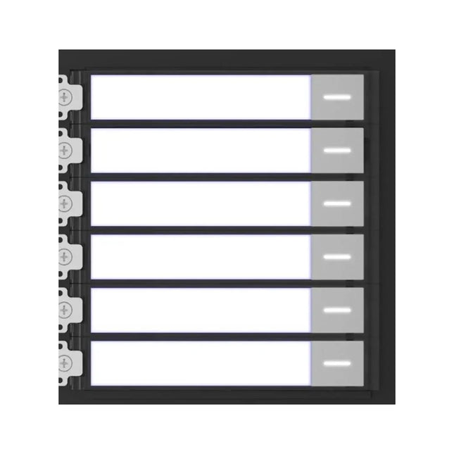 Front view of the black Hikvision DS-KD-KK KD8 Series Pro modular door station nametag module, showcasing its 6 physical call buttons and clear customizable room-number slide inserts.