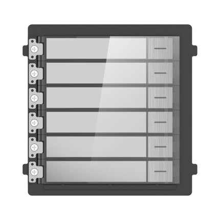 Front view of the Hikvision DS-KD-KK/S Pro Series modular door station nametag extension unit, featuring a premium stainless steel faceplate and 6 physical call buttons.