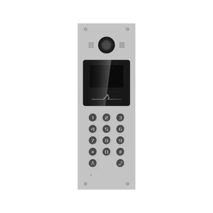 Front view of the Hikvision DS-KD3003-E6 IP video intercom apartment door station featuring a slim aluminum alloy chassis, a 3.5-inch color LCD display, and a mechanical numeric keypad.
