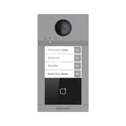 Front view of the Hikvision DS-KD3003-E6 IP video intercom apartment door station featuring a slim aluminum alloy chassis, a 3.5-inch color LCD display, and a mechanical numeric keypad.