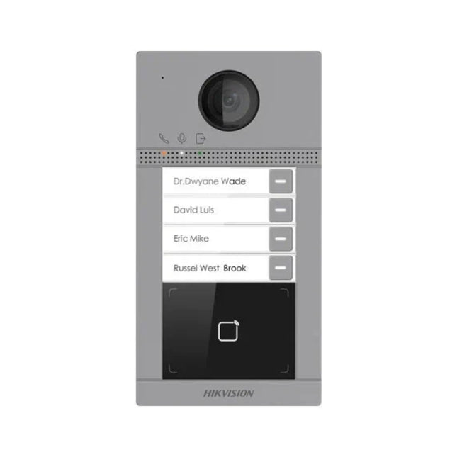 Front view of the Hikvision DS-KD3003-E6 IP video intercom apartment door station featuring a slim aluminum alloy chassis, a 3.5-inch color LCD display, and a mechanical numeric keypad.