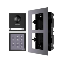 Hikvision modular video door station kit with DS-KD8003-IME1 2MP camera module and DS-KD-KP keypad in a 2-module flush-mount bracket