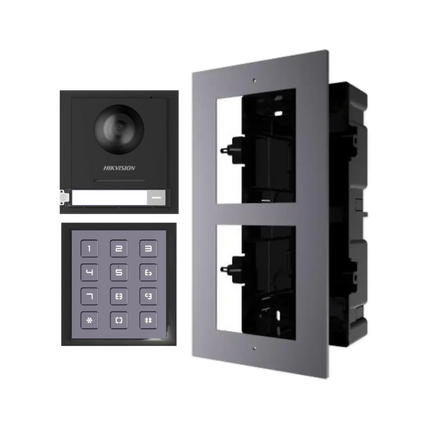 Hikvision modular video door station kit with DS-KD8003-IME1 2MP camera module and DS-KD-KP keypad in a 2-module flush-mount bracket