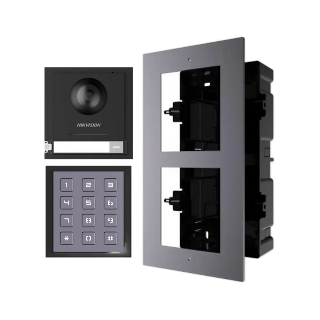 Hikvision modular video door station kit with DS-KD8003-IME1 2MP camera module and DS-KD-KP keypad in a 2-module flush-mount bracket