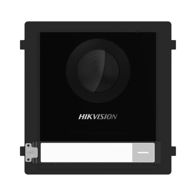 Front view of the Hikvision DS-KD8003Y-IME2 2-wire video door station module, featuring a premium dark finish, a single physical backlit call button, and an integrated fish-eye camera lens.