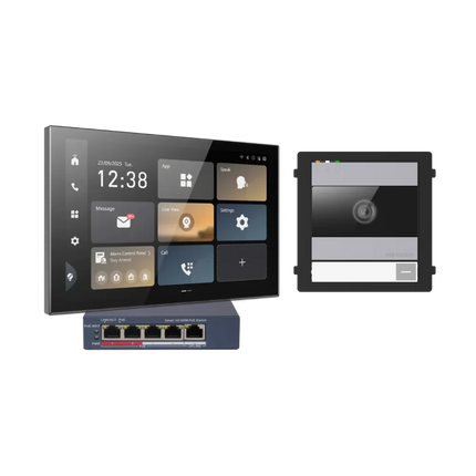 Hikvision modular video intercom kit with DS-KD8005-IME1 door station, DS-KH9570-WTE1 monitor and DS-3E1105P-EI PoE switch